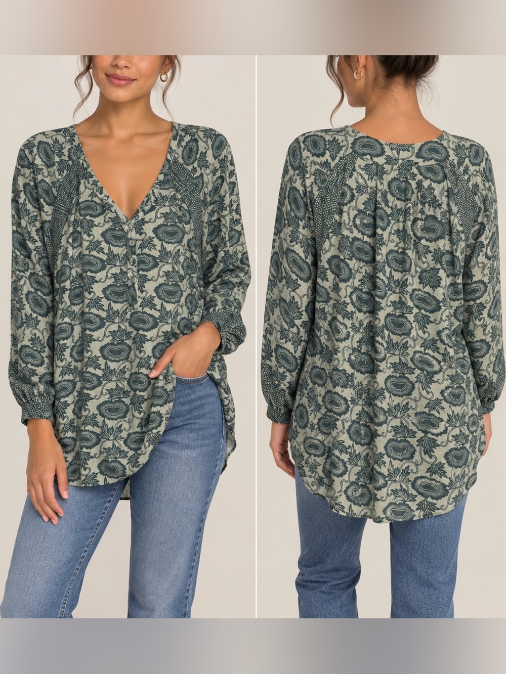 Knox Rose Papyrus Green Floral Boho Long Sleeve Tunic Blouse NWT $35